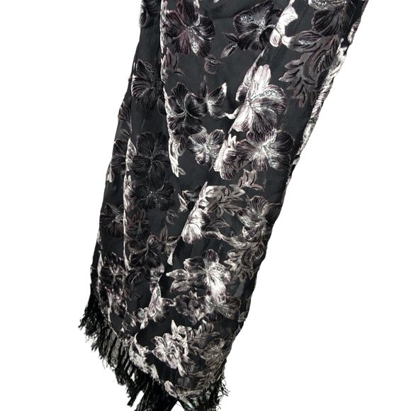 Formal scarf Black silver pure silk mesh chiffon rayon silver embroidery  170x50 - Picture 8 of 8